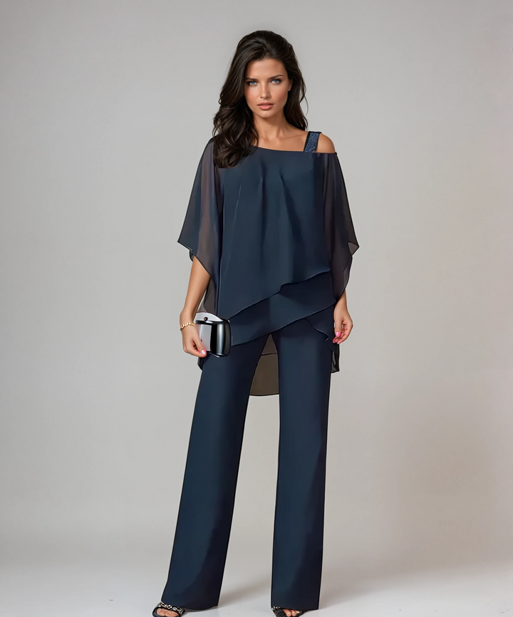 Nathalie | Ensemble pantalon blanc à top asymétrique