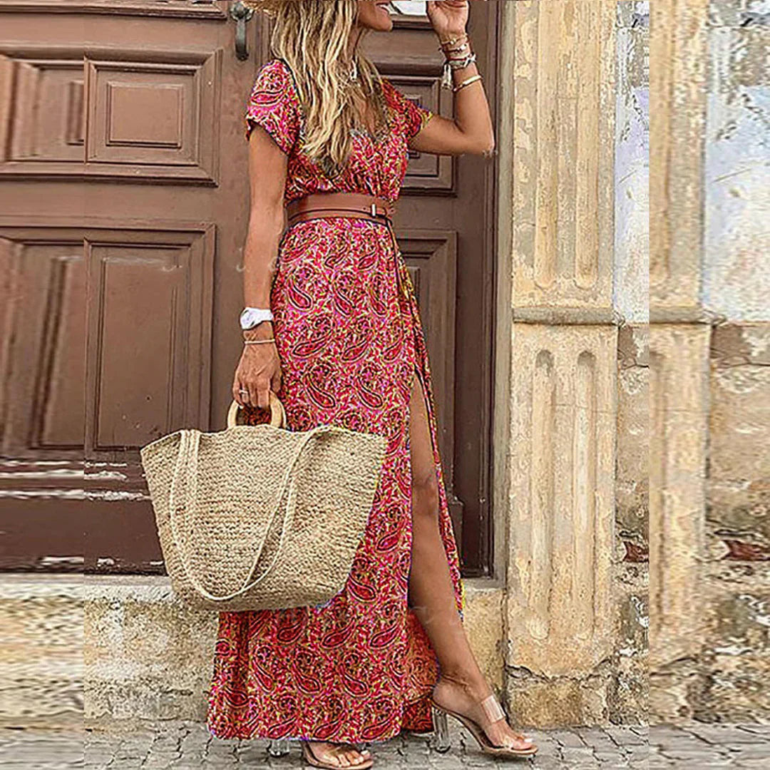 Romy – Robe longue bohème à taille froncée